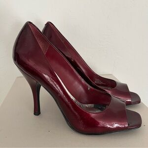 BCBG Red Patent Leather Peep-Toe Heels Y2K